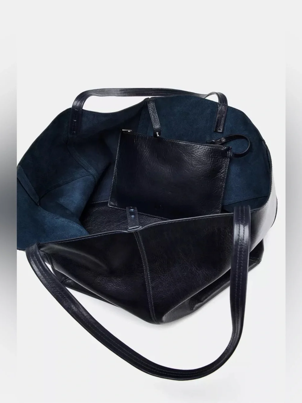 Maxi Genuine Leather Shopper Tote Bag in Navy